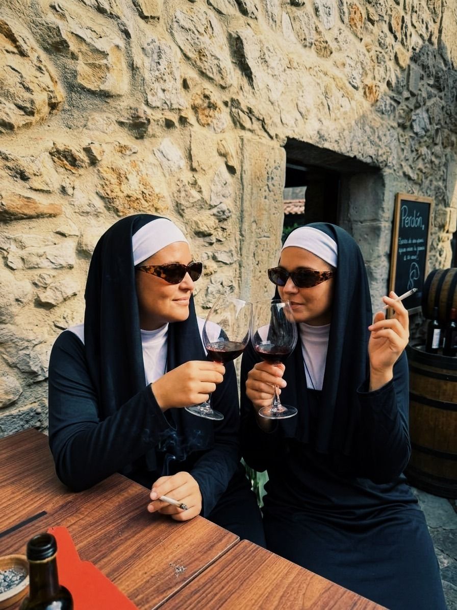 Dos monjas brindando con vino tinto en la terraza de El Perdón